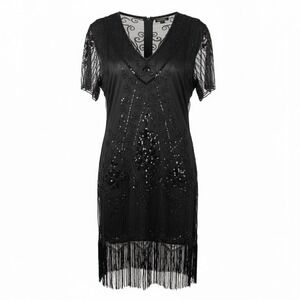 Babeyond Black Sequin Beaded Flapper Dress 1920s Great Gatsby Style Fringe 3XL